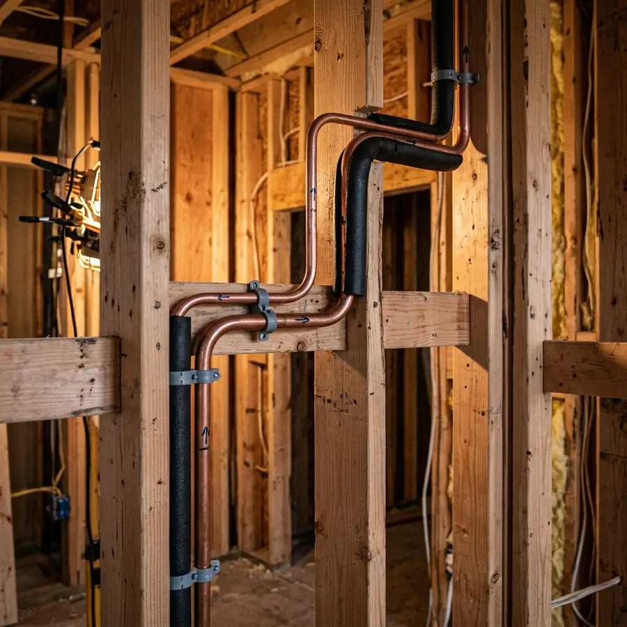copper refrigerant line set snaking through a wall cavity, ambient construction lighting, architectural detail