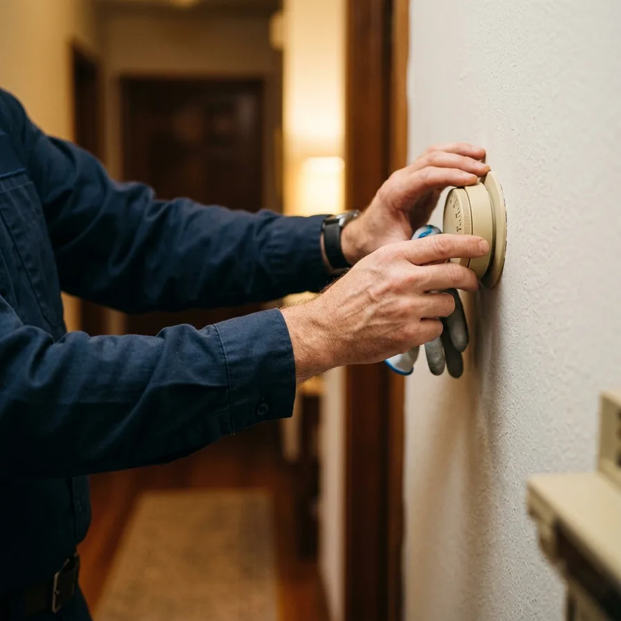 technician adjusting a thermostat dial on a wall, warm interior light, focused hands and wrist in frame