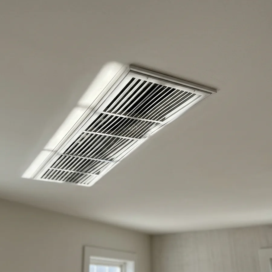 air duct grille on a ceiling with sunlight streaming through, geometric shadow pattern, clean minimal interior