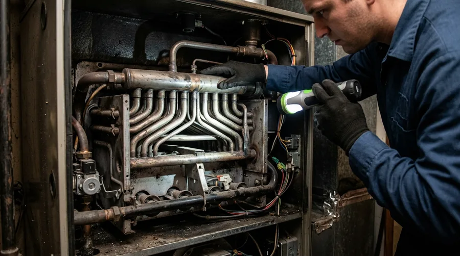 interior of a furnace being inspected, technician using a flashlight to examine the heat exchanger, close mechanical detail