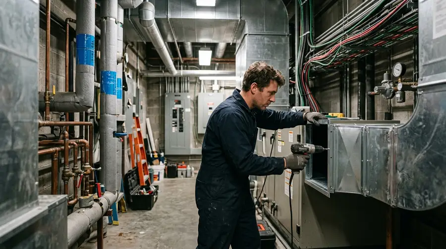 technician attaching new ductwork connections in a mechanical room, visible wiring and copper piping, industrial work environment
