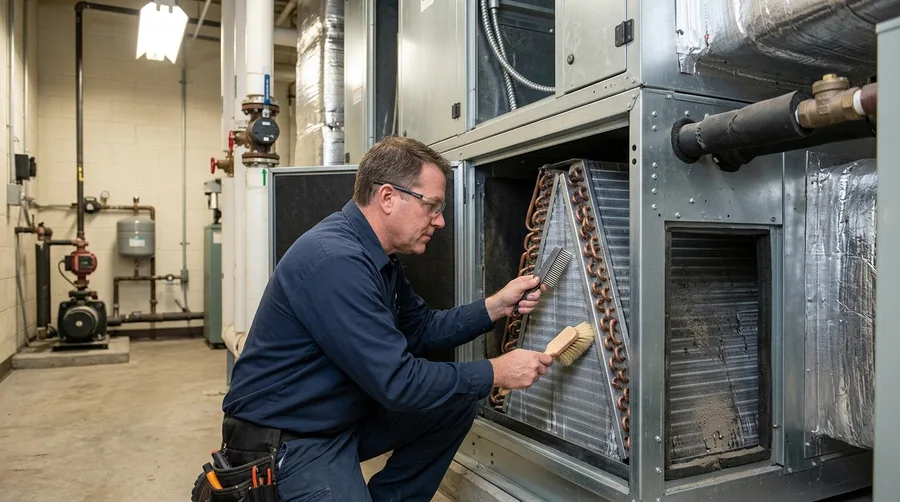 technician cleaning and inspecting air handler coils with a tool, bright utility room, maintenance in progress