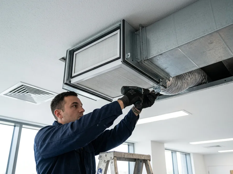 close-up of a HEPA air filtration unit being installed in a ceiling duct, clean white interior, technician securing the housing
